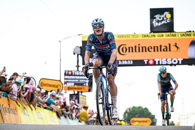 Belgian Jasper Stuyven of Soudal Quick-Step crosses the finish line of the stage 12 of the 2026 Tour de France cycling race, a stage of 181km from Nevers Magny-Cours to Chalon-sur-Saone, on Thursday 16 July 2026. The 113th edition of the Tour de France starts on Saturday 4 July in Barcelona, Spain, and will finish in Paris, France on the 26th of July. JASPERxJACOBS  x181273446x