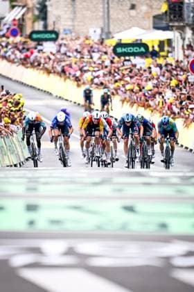 Eritrean Biniam Girmay of NSN Cycling Team, Belgian Jasper Philipsen of Alpecin-Premier Tech, Belgian Milan Fretin of Cofidis, Belgian Tim Merlier of Soudal Quick-Step and German Max Kanter of XDS Astana Team sprint to the finish of the stage 12 of the 2026 Tour de France cycling race, a stage of 181km from Nevers Magny-Cours to Chalon-sur-Saone, on Thursday 16 July 2026. The 113th edition of the Tour de France starts on Saturday 4 July in Barcelona, Spain, and will finish in Paris, France on the 26th of July. JASPERxJACOBS  x181273456x