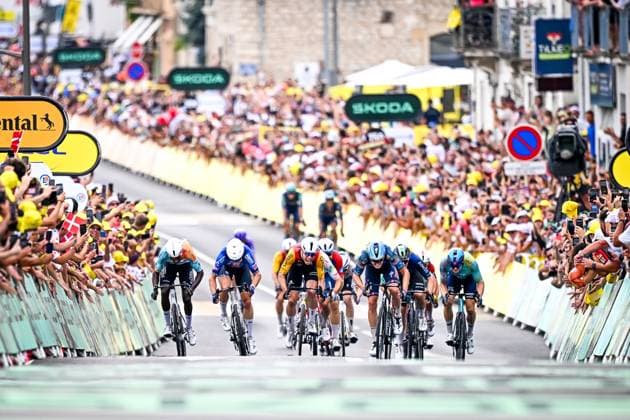 Eritrean Biniam Girmay of NSN Cycling Team, Belgian Jasper Philipsen of Alpecin-Premier Tech, Belgian Milan Fretin of Cofidis, Belgian Tim Merlier of Soudal Quick-Step and German Max Kanter of XDS Astana Team sprint to the finish of the stage 12 of the 2026 Tour de France cycling race, a stage of 181km from Nevers Magny-Cours to Chalon-sur-Saone, on Thursday 16 July 2026. The 113th edition of the Tour de France starts on Saturday 4 July in Barcelona, Spain, and will finish in Paris, France on the 26th of July. JASPERxJACOBS  x181273461x