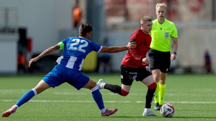 UEFA Europa Conference League First Qualifying Round Second Leg, Europa Point Stadium, Gibraltar 16 7 2026 St. Joseph s vs Bohemians Bohemians Ross Tierney evades St Joseph s Juanma Ross Tierney evades Juanma 16 7 2026  Copyright: xx 0F7A8918