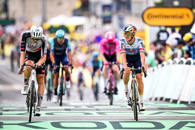 Belgian Florian Vermeersch of UAE Team Emirates XRG and Belgian Remco Evenepoel of Red Bull-BORA-hansgrohe cross the finish line of the stage 12 of the 2026 Tour de France cycling race, a stage of 181km from Nevers Magny-Cours to Chalon-sur-Saone, on Thursday 16 July 2026. The 113th edition of the Tour de France starts on Saturday 4 July in Barcelona, Spain, and will finish in Paris, France on the 26th of July. JASPERxJACOBS  x181274691x