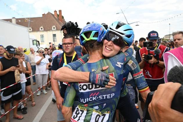 Belgian Tim Merlier of Soudal Quick-Step celebrates with 97 Belgian Ilan Van Wilder of Soudal Quick-Step after winning the stage 12 of the 2026 Tour de France cycling race, a stage of 181km from Nevers Magny-Cours to Chalon-sur-Saone, on Thursday 16 July 2026. The 113th edition of the Tour de France starts on Saturday 4 July in Barcelona, Spain, and will finish in Paris, France on the 26th of July. JASPERxJACOBS  x181274836x