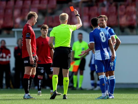 UEFA Europa Conference League First Qualifying Round Second Leg, Europa Point Stadium, Gibraltar 16 7 2026 St. Joseph s vs Bohemians Referee Kristaps Ratnieks shows a red card to St Joseph s Francis Ferron Kristaps Ratnieks shows a red card to Francis Ferron 16 7 2026  Copyright: xx 0F7A9621