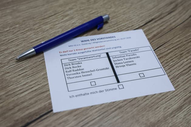 Fussball, 3.Liga Saison 2026 2027 Außerordentliche Mitgliederversammlung MSV Duisburg 16.07.2026, schauinsland-reisen-arena Stimmzettel für die Vorstandswahl Duisburg schauinsland-reisen-arena Nordrhein-Westfalen Deutschland *** Sports, Soccer, 3rd Division, 2026–2027 Season; MSV Duisburg Extraordinary General Meeting, July 16, 2026, Schauinsland Reisen Arena; Ballot for the Board of Directors Election, Duisburg, Schauinsland Reisen Arena, North Rhine-Westphalia, Germany