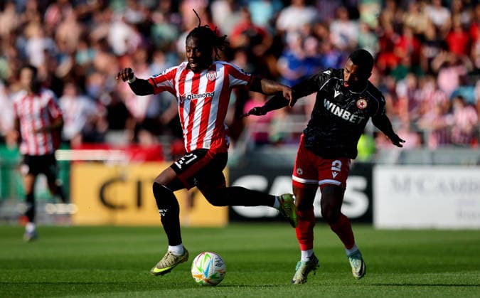 UEFA Europa League First Qualifying Round Second Leg, Ryan McBride Brandywell Stadium, Derry 16 7 2026 Derry City vs CSKA Sofia Derry™s KÃ KÃ vin dos Santos and Pastor 16 7 2026  Copyright: xx RB1_7753