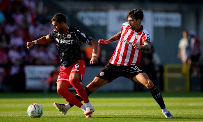 UEFA Europa League First Qualifying Round Second Leg, Ryan McBride Brandywell Stadium, Derry 16 7 2026 Derry City vs CSKA Sofia Derry™s Ellis Chapman and Bruno Jordao of CSKA Sofia Ellis Chapman and Bruno Jordao 16 7 2026  Copyright: xx RB1_7929