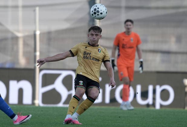 RFS vs Glentoran FC Soccer, RÄ«ga, Latvia, 16.07.2026, football, soccer Jack Malone of Glentoran in action during the UEFA Europa Conference League qualifying round game between Latvia™s FK RFS and Northern Ireland™s Glentoran FC in Riga, Latvia 16.07.2026. Photo: Roman Koksarov (RKF) RÄ«ga Latvia Copyright: xRomanxKoksarovx RKV09558.JPG