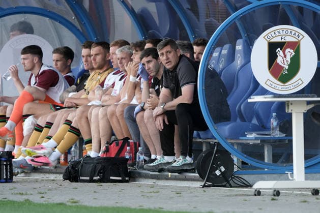 RFS vs Glentoran FC Soccer, RÄ«ga, Latvia, 16.07.2026, football, soccer Head coach of Glentoran Declan Devine reacts in action during the UEFA Europa Conference League qualifying round game between Latvia™s FK RFS and Northern Ireland™s Glentoran FC in Riga, Latvia 16.07.2026. Photo: Roman Koksarov (RKF) RÄ«ga Latvia Copyright: xRomanxKoksarovx RKV09732.JPG