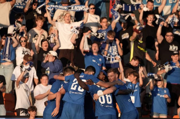 RFS vs Glentoran FC Soccer, RÄ«ga, Latvia, 16.07.2026, football, soccer RFS team players celebrate during the UEFA Europa Conference League qualifying round game between Latvia™s FK RFS and Northern Ireland™s Glentoran FC in Riga, Latvia 16.07.2026. Photo: Roman Koksarov (RKF) RÄ«ga Latvia Copyright: xRomanxKoksarovx RKV09900.JPG