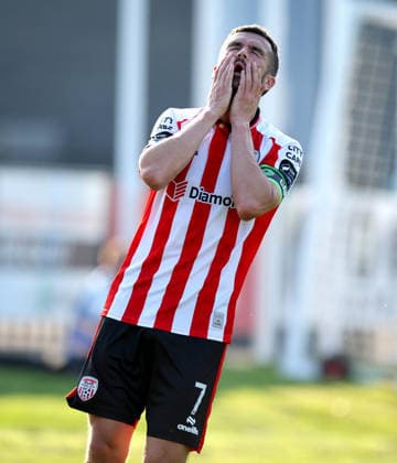 UEFA Europa League First Qualifying Round Second Leg, Ryan McBride Brandywell Stadium, Derry 16 7 2026 Derry City vs CSKA Sofia Derry™s Michael Duffy reacts to a missed chance Michael Duffy reacts to a missed chance 16 7 2026  Copyright: xx RB1_8466