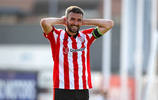UEFA Europa League First Qualifying Round Second Leg, Ryan McBride Brandywell Stadium, Derry 16 7 2026 Derry City vs CSKA Sofia Derry™s Michael Duffy reacts to a missed chance Michael Duffy reacts to a missed chance 16 7 2026  Copyright: xx RB1_8504