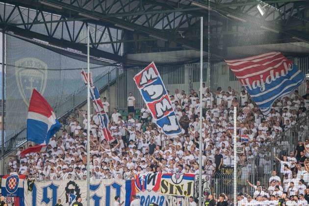 Hajduk Split fans with flags during UEFA Europa league quali match - MSK Zilina - Hajduk Split, 16. july 2026 , Stadium pod Dubnom, Zilina, Slovakia Copyright: xMICHALxFAJT,ZOSPORTU.SKx MAJ_4436