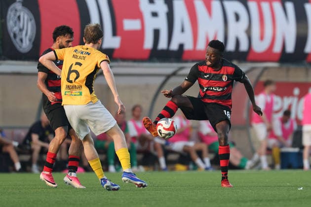 Jack Ipalibo of Hamrun Spartans is in action during the UEFA Conference League First Qualifying Round, 2nd Leg match between Hamrun Spartans and Runavik at Centenary Stadium, Ta Qali, Malta on 16 July, 2026. Hamrun Spartans v Runavik - UEFA Conference League First Qualifying Round 1st Leg