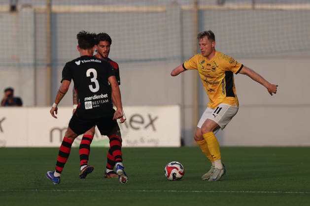 Marius Kryger Lindh (right) of Runavik is in action during the UEFA Conference League First Qualifying Round, 2nd Leg match between Hamrun Spartans and Runavik at Centenary Stadium, Ta Qali, Malta on 16 July, 2026. Hamrun Spartans v Runavik - UEFA Conference League First Qualifying Round 1st Leg