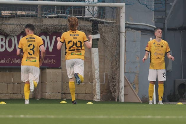 Michal Przybylski (right) of Runavik celebrates scoring the 0-1 goal during the UEFA Conference League First Qualifying Round, 2nd Leg match between Hamrun Spartans and Runavik at Centenary Stadium, Ta Qali, Malta on 16 July, 2026. Hamrun Spartans v Runavik - UEFA Conference League First Qualifying Round 1st Leg