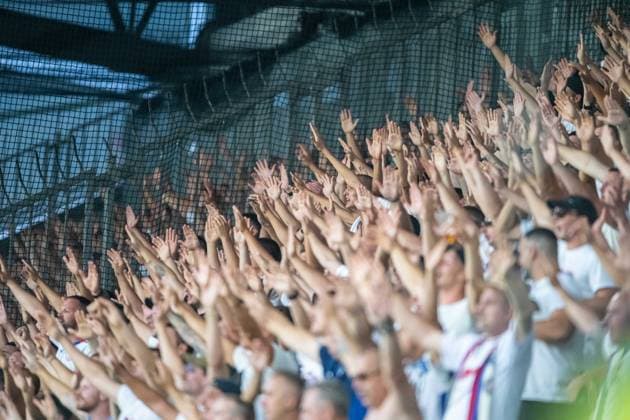 Hajduk Split fans hands during UEFA Europa league quali match - MSK Zilina - Hajduk Split, 16. july 2026 , Stadium pod Dubnom, Zilina, Slovakia Copyright: xMICHALxFAJT,ZOSPORTU.SKx MAR_7858