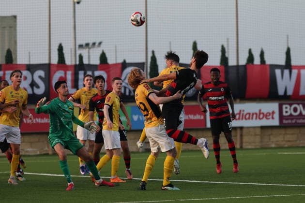Matthew Guillaumier (top right) of Hamrun Spartans heads the ball during the UEFA Conference League First Qualifying Round, 2nd Leg match between Hamrun Spartans and Runavik at Centenary Stadium, Ta Qali, Malta on 16 July, 2026. Hamrun Spartans v Runavik - UEFA Conference League First Qualifying Round 1st Leg
