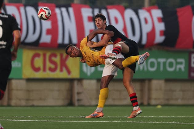 Sammy Skytte (left) of Runavik is challenged by Kean Scicluna of Hamrun Spartans during the UEFA Conference League First Qualifying Round, 2nd Leg match between Hamrun Spartans and Runavik at Centenary Stadium, Ta Qali, Malta on 16 July, 2026. Hamrun Spartans v Runavik - UEFA Conference League First Qualifying Round 1st Leg
