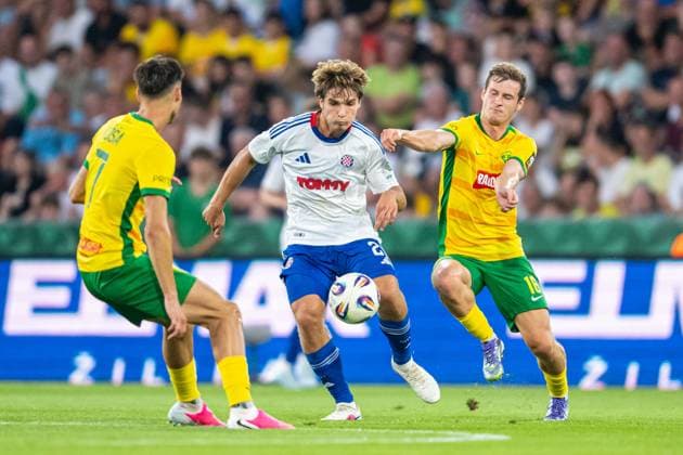Rokas Pukstas in a battle with Patrik Ilko during UEFA Europa league quali match - MSK Zilina - Hajduk Split, 16. july 2026 , Stadium pod Dubnom, Zilina, Slovakia Copyright: xMICHALxFAJT,ZOSPORTU.SKx MAR_7931