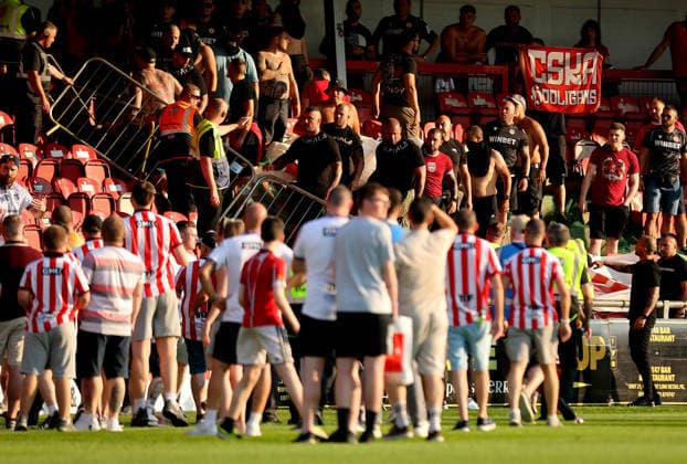 UEFA Europa League First Qualifying Round Second Leg, Ryan McBride Brandywell Stadium, Derry 16 7 2026 Derry City vs CSKA Sofia CSKA Sofia fans rush a barrier and the game is stopped CSKA Sofia fans rush a barrier and the game is stopped 16 7 2026  Copyright: xx RB1_9447