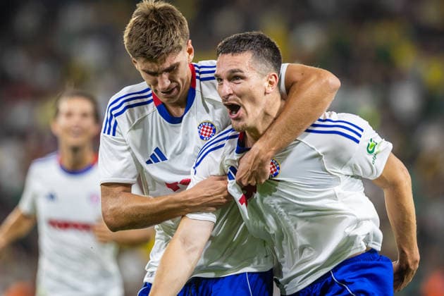 ZILINA - HAJDUK SPLIT Marino Skelin, Alec Van Hoorenbeeck of Hajduk celebrate a goal during the second leg of First qualifying round of UEFA Europa League football match between MSK Zilina and Hajduk Split at the MSK Zilina Stadium Pod Dubnom. Zilina, Slovakia, July 16, 2026. Photo by Branislav Racko Copyright: xx 080A5131