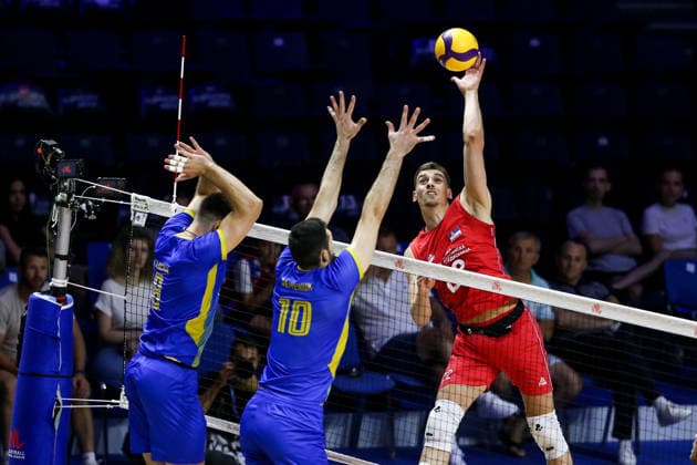 Serbia v Ukraine - Men s Volleyball Nations League BELGRADE, SERBIA - JULY 16: Yurii Semeniuk (10) and Dmytro Yanchuk (8) of Ukraine in action during the Men s Volleyball Nations League match between Serbia and Ukraine in Belgrade, Serbia, on July 16, 2026. Filip Stevanovic Anadolu Belgrade Serbia. Editorial use only. Please get in touch for any other usage.  Copyright: x2026xAnadoluxFilipxStevanovicx
