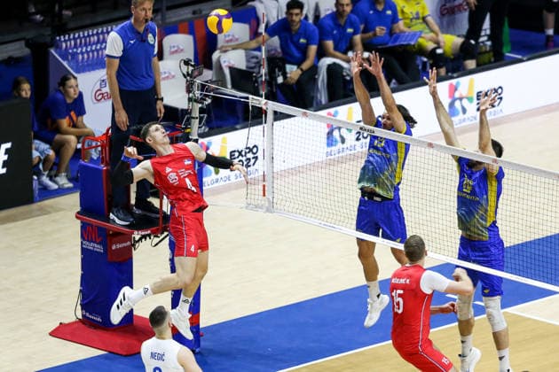 Serbia v Ukraine - Men s Volleyball Nations League BELGRADE, SERBIA - JULY 16: Luka Marinovic (4) of Serbia in action during the Men s Volleyball Nations League match between Serbia and Ukraine in Belgrade, Serbia, on July 16, 2026. Filip Stevanovic Anadolu Belgrade Serbia. Editorial use only. Please get in touch for any other usage.  Copyright: x2026xAnadoluxFilipxStevanovicx
