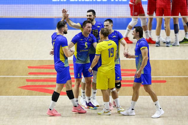Serbia v Ukraine - Men s Volleyball Nations League BELGRADE, SERBIA - JULY 16: Players of Ukraine celebrate after scoring during the Men s Volleyball Nations League match between Serbia and Ukraine in Belgrade, Serbia, on July 16, 2026. Filip Stevanovic Anadolu Belgrade Serbia. Editorial use only. Please get in touch for any other usage.  Copyright: x2026xAnadoluxFilipxStevanovicx