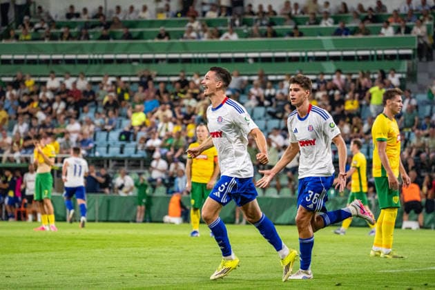 Alec Van Hoorenbeeck and Marino Skelin seen celebrating after a goal during UEFA Europa League qualifying game between teams of MSK Zilina and Hajduk Split (Matej Sagan Ball Raw Images) Zilina Anton Malatinsky Stadium Slovakia Copyright: xMatejxSaganx DSC05345
