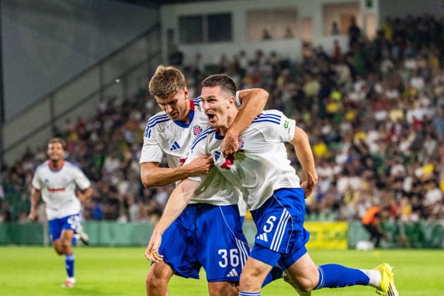 Marino Skelin and Alec Van Hoorenbeeck seen celebrating after a goal during UEFA Europa League qualifying game between teams of MSK Zilina and Hajduk Split (Matej Sagan Ball Raw Images) Zilina Anton Malatinsky Stadium Slovakia Copyright: xMatejxSaganx DSC05372
