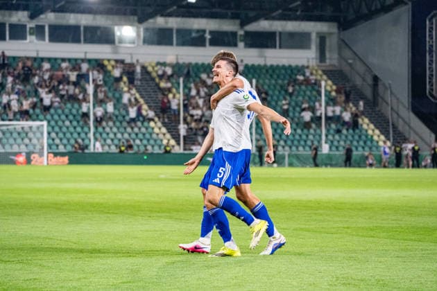 Marino Skelin and Alec Van Hoorenbeeck seen celebrating after a goal during UEFA Europa League qualifying game between teams of MSK Zilina and Hajduk Split (Matej Sagan Ball Raw Images) Zilina Anton Malatinsky Stadium Slovakia Copyright: xMatejxSaganx DSC05383