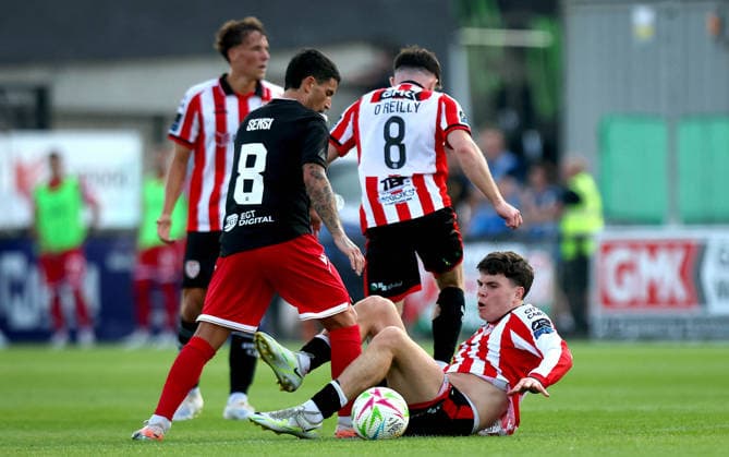 UEFA Europa League First Qualifying Round Second Leg, Ryan McBride Brandywell Stadium, Derry 16 7 2026 Derry City vs CSKA Sofia Derry™s James Clarke and Stefano Sensi of CSKA Sofia James Clarke and Stefano Sensi 16 7 2026  Copyright: xx RB1_0296