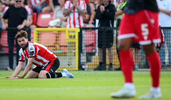 UEFA Europa League First Qualifying Round Second Leg, Ryan McBride Brandywell Stadium, Derry 16 7 2026 Derry City vs CSKA Sofia Derry™s Brandon Fleming dejected Brandon Fleming dejected 16 7 2026  Copyright: xx RB1_0515