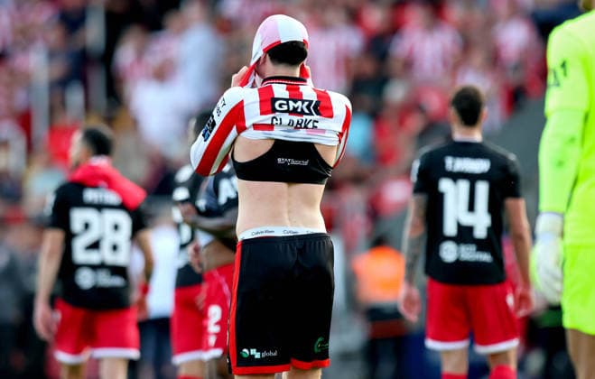 UEFA Europa League First Qualifying Round Second Leg, Ryan McBride Brandywell Stadium, Derry 16 7 2026 Derry City vs CSKA Sofia Derry™s James Clarke dejected James Clarke dejected 16 7 2026  Copyright: xx RB1_0908