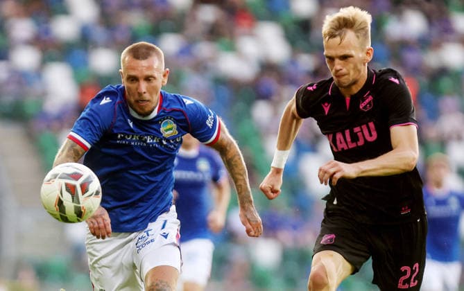 UEFA Europa Conference League First Qualifying Round Second Leg, Windsor Park, Belfast 16 7 2026 Linfield vs Nomme Kalju Linfield s Kirk Millar with Kalju™s Aleksandr Nikolajev Kirk Millar with Aleksandr Nikolajev16 7 2026  Copyright: xx 160726JP3football026
