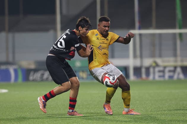 Sammy Skytte (right) of Runavik is challenged by Kean Scicluna of Hamrun Spartans during the UEFA Conference League First Qualifying Round, 2nd Leg match between Hamrun Spartans and Runavik at Centenary Stadium, Ta Qali, Malta on 16 July, 2026. Hamrun Spartans v Runavik - UEFA Conference League First Qualifying Round 1st Leg