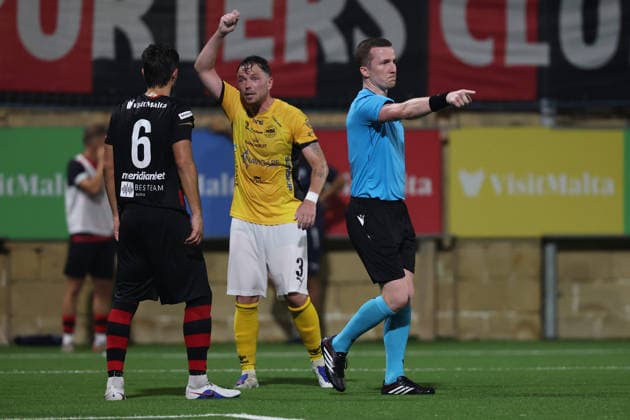 UEFA appointed match referee Jeremy Muller points to the penalty spot as he awards a penalty to Runavik during the UEFA Conference League First Qualifying Round, 2nd Leg match between Hamrun Spartans and Runavik at Centenary Stadium, Ta Qali, Malta on 16 July, 2026. Hamrun Spartans v Runavik - UEFA Conference League First Qualifying Round 1st Leg