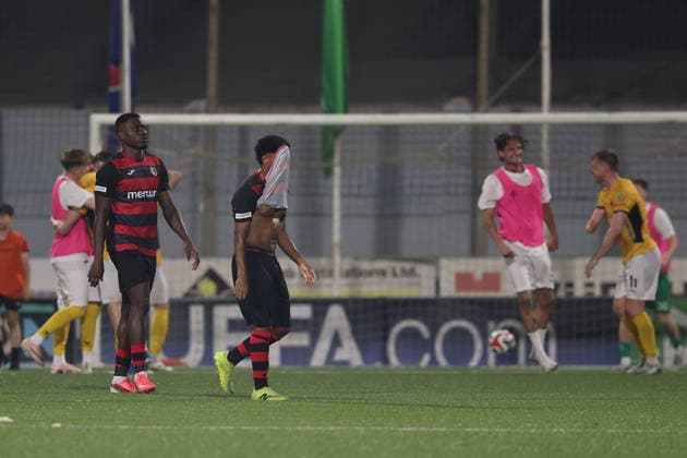Hamrun Spartans players look disillusioned after the UEFA Conference League First Qualifying Round, 2nd Leg match between Hamrun Spartans and Runavik at Centenary Stadium, Ta Qali, Malta on 16 July, 2026. Hamrun Spartans v Runavik - UEFA Conference League First Qualifying Round 1st Leg