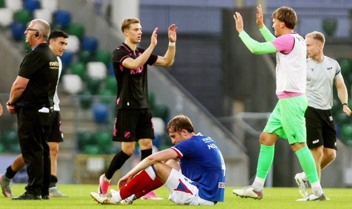 UEFA Europa Conference League First Qualifying Round Second Leg, Windsor Park, Belfast 16 7 2026 Linfield vs Nomme Kalju Linfield™s Ryan Nolan dejected after the match Ryan Nolan dejected after the match 16 7 2026  Copyright: xx 160726JP3football037