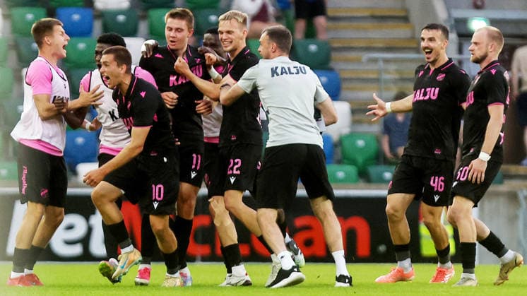 UEFA Europa Conference League First Qualifying Round Second Leg, Windsor Park, Belfast 16 7 2026 Linfield vs Nomme Kalju Kalju s Mihhail Orlov celebrates with teammates after scoring his sides second goal of the match Mihhail Orlov celebrates with teammates after scoring his sides second goal of the match 16 7 2026  Copyright: xx 160726JP3football039