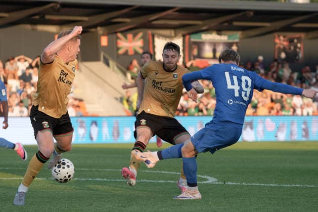 RFS vs Glentoran FC Soccer, RÄ«ga, Latvia, 16.07.2026, football, soccer MÄrtiÅÜÅ¡ Ä¶igurs of RFS and Captain of Glentoran Marcus Kane in action during the UEFA Europa Conference League qualifying round game between Latvia™s FK RFS and Northern Ireland™s Glentoran FC in Riga, Latvia 16.07.2026. Photo: Roman Koksarov (RKF) RÄ«ga Latvia Copyright: xRomanxKoksarovx RKV09945.JPG