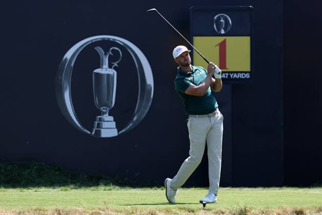 16th July 2026; Royal Birkdale Golf Club, Southport, Merseyside, England; The Open Championship, Round One; Wyndham Clark (USA) plays from the tee at the first hole DavidxBlunsden