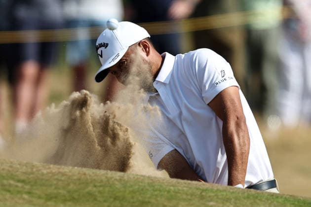 16th July 2026; Royal Birkdale Golf Club, Southport, Merseyside, England; The Open Championship, Round One; Xander Schauffele (USA) plays from the sand at the 4th green DavidxBlunsden
