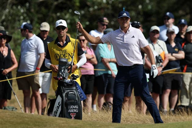 16th July 2026; Royal Birkdale Golf Club, Southport, Merseyside, England; The Open Championship, Round One; Ludvig Aberg (SWE) prepares to play his second shot on the second hole DavidxBlunsden