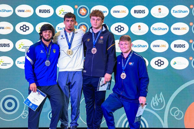 Wrestling Ranking Series Polyak & Janos & Istvan Memorial Podium 92kg FS - Gold: Ali Magomedovitch Tcokaev (AZE), Silver: Mukhammed Aliiev (UKR), Bronze: Anton Vyhivskyi (SVK), Dustin Glenn Plott (USA) *** Wrestling Ranking Series: Janos Istvan Polyak Memorial Podium, 92 kg Freestyle—Gold: Ali Magomedovitch Tcokaev (AZE); Silver: Mukhammed Aliiev (UKR); Bronze: Anton Vyhivskyi (SVK); Dustin Glenn Plott (USA) Copyright: xUnitedxWorldxWrestlingx xAmirrezx United World Wrestling Kadir C