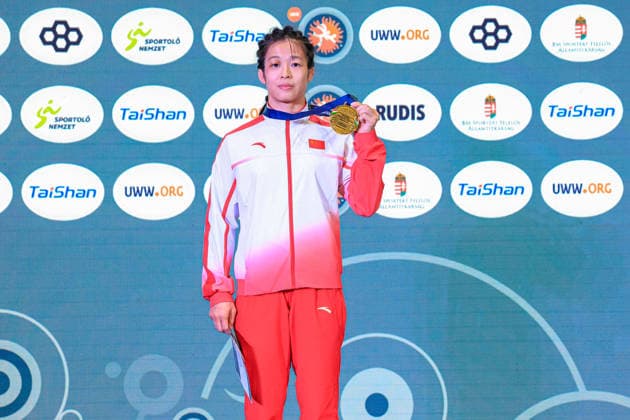 Wrestling Ranking Series Polyak & Janos & Istvan Memorial Podium 50kg WW - Gold: Ziqi Feng (CHN) *** Wrestling Ranking Series: Janos Istvan Polyak Memorial, Podium, 50kg WW, Gold: Ziqi Feng (CHN) Copyright: xUnitedxWorldxWrestlingx xAmirrezx United World Wrestling Kadir C