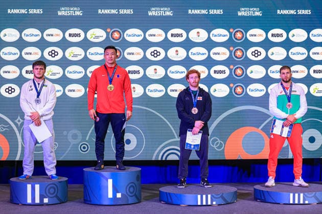 Wrestling Ranking Series Polyak & Janos & Istvan Memorial Podium 79kg FS - Gold: Suldkhuu Olonbayar (MGL), Silver: Dzhabrail Gadzhiev (AZE), Bronze: Luka Chkhitunidze (GEO), Aykan Samir Seid (BUL) *** Wrestling Ranking Series: Janos Istvan Polyak Memorial – Podium: 79 kg Freestyle – Gold: Olonbayar Suldkhuu (MGL), Silver: Dzhabrail Gadzhiev (AZE), Bronze: Luka Chkhitunidze (GEO), Aykan Samir Seid (BUL) Copyright: xUnitedxWorldxWrestlingx xAmirrezx United World Wrestling Kadir C