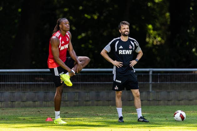 COLOGNE, GERMANY - JULY 16: Elias Bakatukanda (1. FC Koeln) training individually with Leif Frach (Athletics Coach 1. FC Koeln) during a training session of season 2026 27 at Geissbockheim on July 16, 2026 in Cologne, Germany. North Rhine Westphalia Germany Copyright: xSteffiexWunderlx