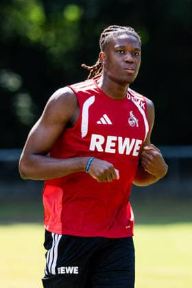 COLOGNE, GERMANY - JULY 16: Elias Bakatukanda (1. FC Koeln) training individually with Leif Frach (Athletics Coach 1. FC Koeln) during a training session of season 2026 27 at Geissbockheim on July 16, 2026 in Cologne, Germany. North Rhine Westphalia Germany Copyright: xSteffiexWunderlx