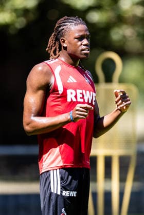COLOGNE, GERMANY - JULY 16: Elias Bakatukanda (1. FC Koeln) training individually with Leif Frach (Athletics Coach 1. FC Koeln) during a training session of season 2026 27 at Geissbockheim on July 16, 2026 in Cologne, Germany. North Rhine Westphalia Germany Copyright: xSteffiexWunderlx